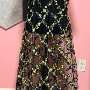 Black Maxi Dress with Blue & Yellow Floral Embroidery